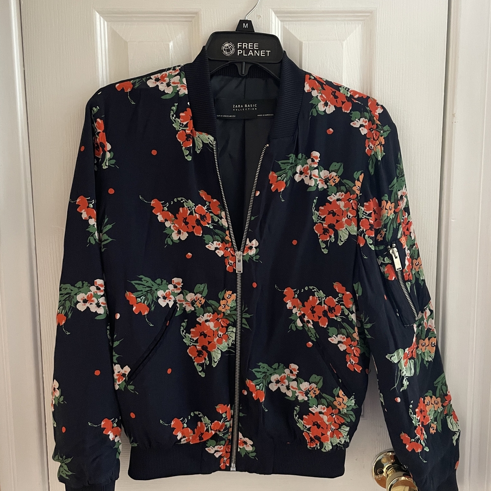 Zara Floral Bomber Jacket - Black and Red